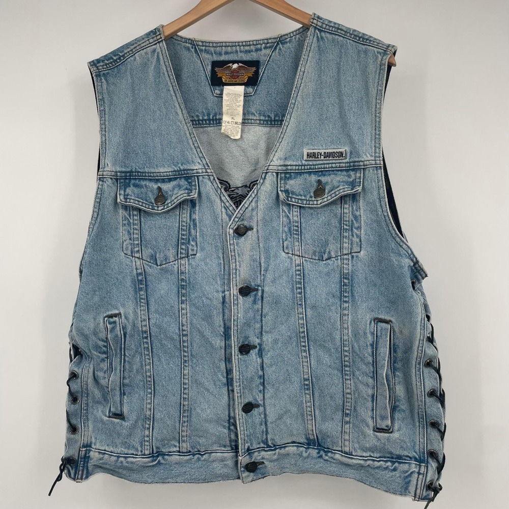 Harley-Davidson Vintage Denim Biker Vest Light Wash Lace Up Sides Eagle Logo XL